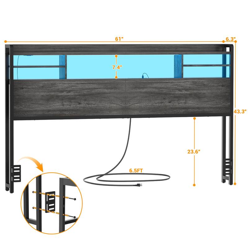 Storage Headboard with USB Port and Power Outlet, Head Board with LED Light for Bed Frame