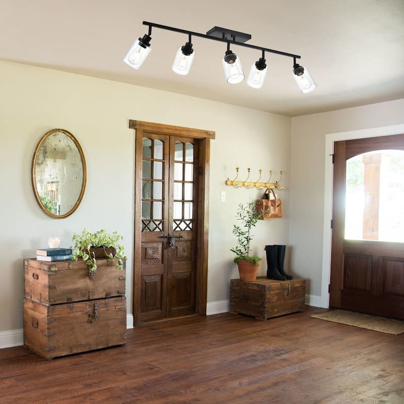 5-Light Track Lighting Kit Bathroom Light Fixtures Matte Black Ceiling Spotlight Fixture, Clear Glass Shade