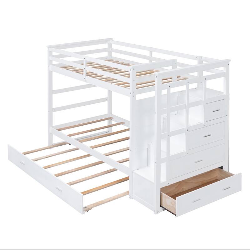 White Twin Over Twin Bunk Bed with Trundle, Staircase and Storage Drawers, Space-Saving Design