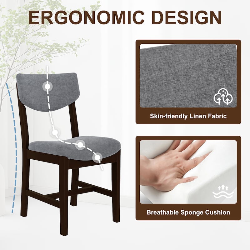 4-Piece Rustic Farmhouse Dining Chair Set, Solid Wood Frame with Gray Fabric Upholstered Cushion