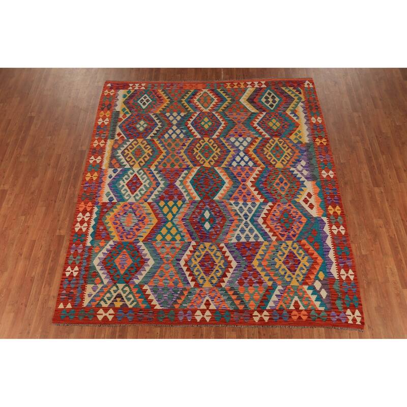 Multicolor Geometric Kilim Oriental Area Rug Hand-Woven Wool Carpet - 8'2" x 9'6"