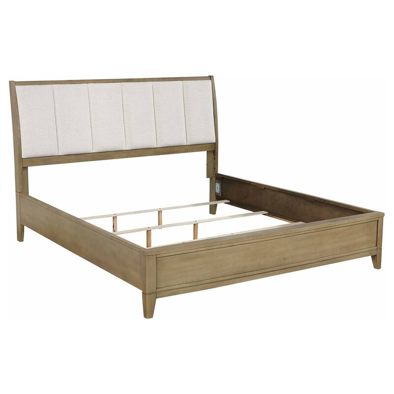 Upholstered Eastern King Panel Bed, Natural Pine, Vertical Channeled Fabric Headboard