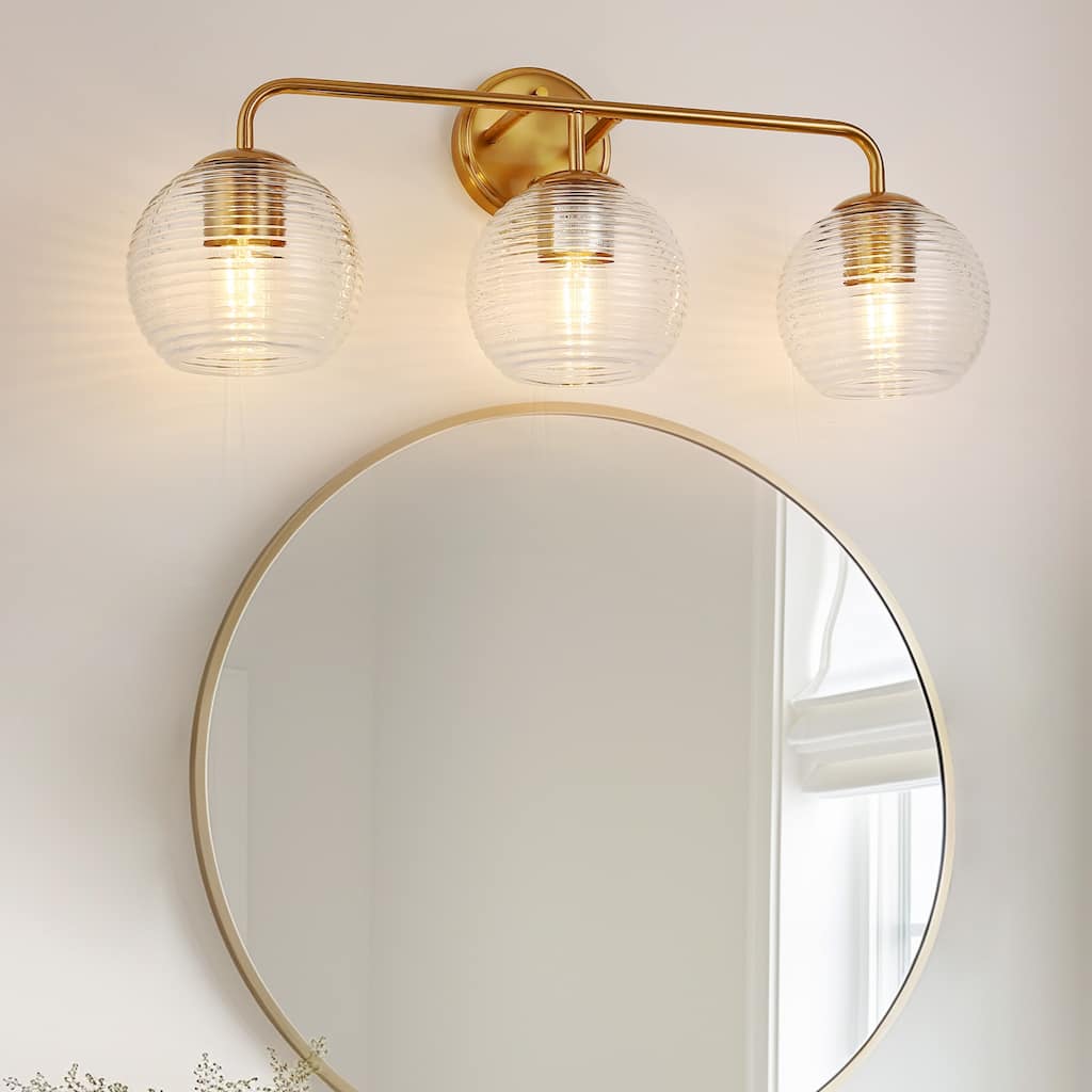 YANSUN 25.3 in.Gold 3-Light Vanity Light with Ribbed Glass Shades, Modern E26 Bathroom Wall Light Fixture for Makeup Room
