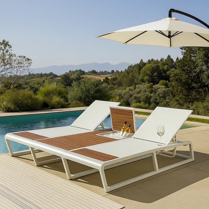Wooden Lounger with Built in Ice Cooler, Set of 2, Brown and White