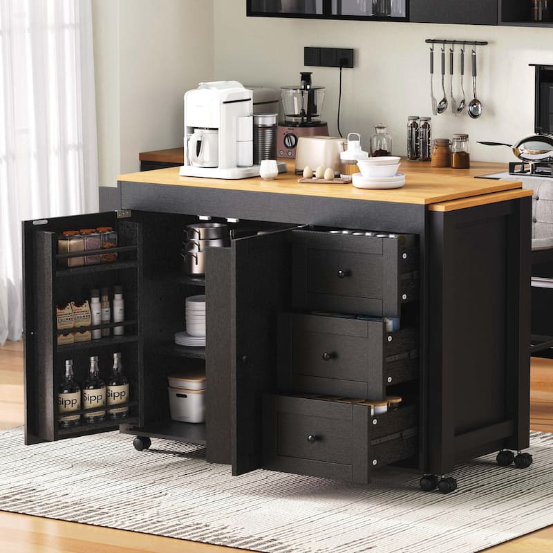 Kitchen Island with Extendable Dining Table, Kitchen Storage Cart with 3 Drawers, Power Outlet
