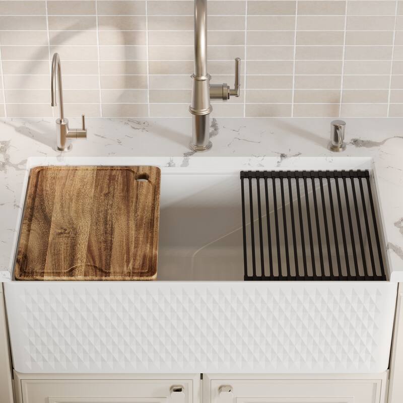 Karran 33" Single Bowl Workstation Fireclay Kitchen Sink with Reversible Diamond/Flat Apron Front