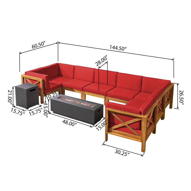 Thasos Outdoor Farmhouse Acacia Wood 8 Seater U-Shaped Sectional Sofa Set with Fire Pit by Christopher Knight Home