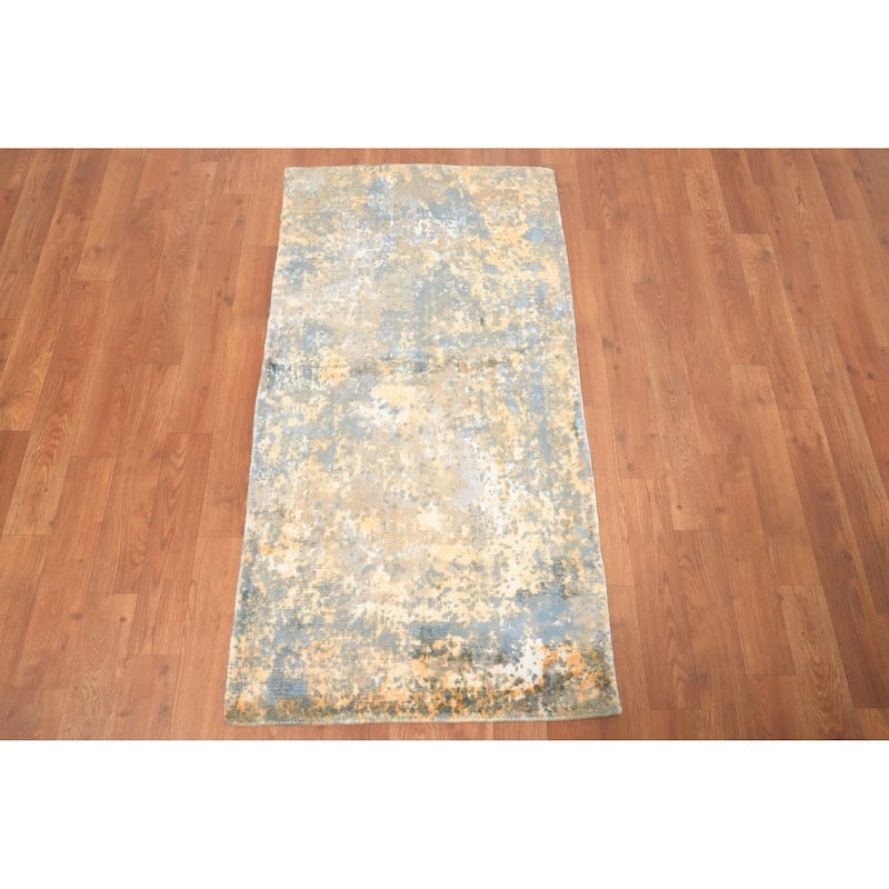 Hand Knotted Oriental Viscose Silk Carpet Modern Abstract Yellow & Gold Abstract Area Rug - 4' 0'' X 2' 0''