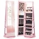 preview thumbnail 1 of 6, 360° Rotating Mirrored Jewelry Cabinet Armoire 3 Color LED Modes Lockable - 21.5" x 21.5" x 63.5" (L x W x H) Pink