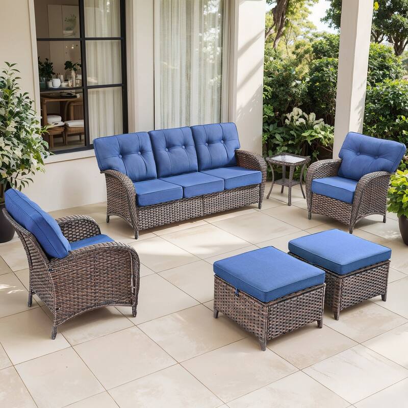 Gymojoy 6-Piece Outdoor Wicker Patio Furniture Set, 5" Thick Cushioned Rattan Conversation Set