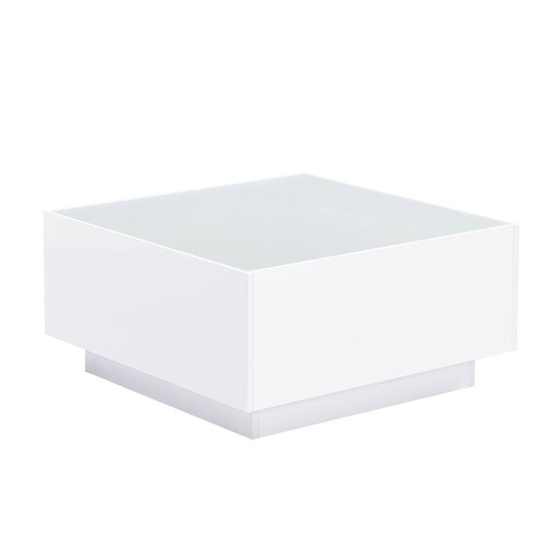 Square Hight Glossy Coffee Table with 16-color LED Strip Lights, Modern Center Table with 5mm Frosted Tempered Glass Top