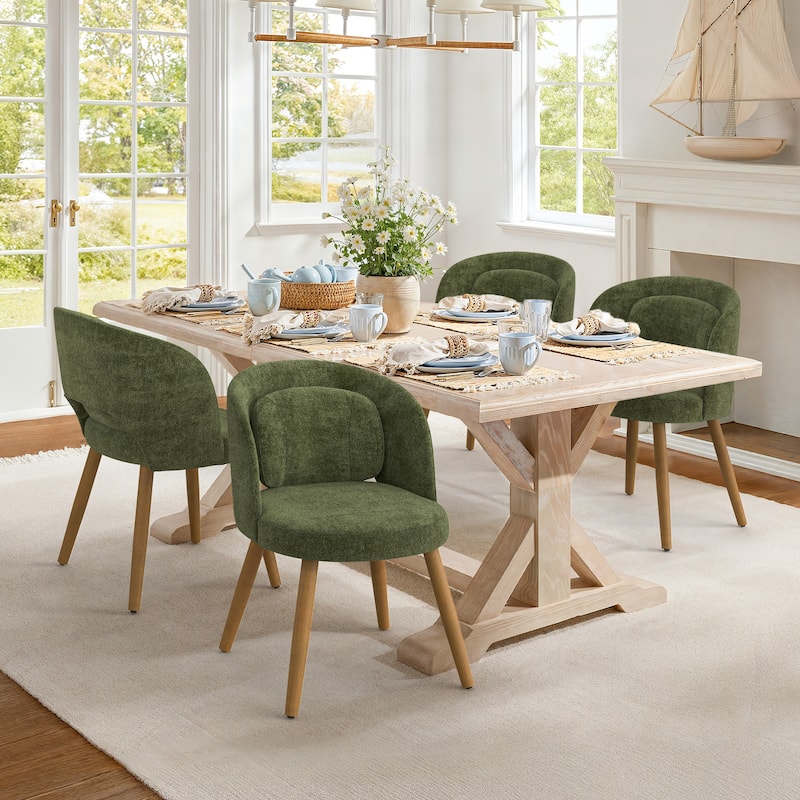 Linen Dining Chairs Set of 2/4/6 with Solid Wood Legs, Modern Kitchen Chairs with Lumbar Pillow for Dining Room Beige - Green - Set of 4