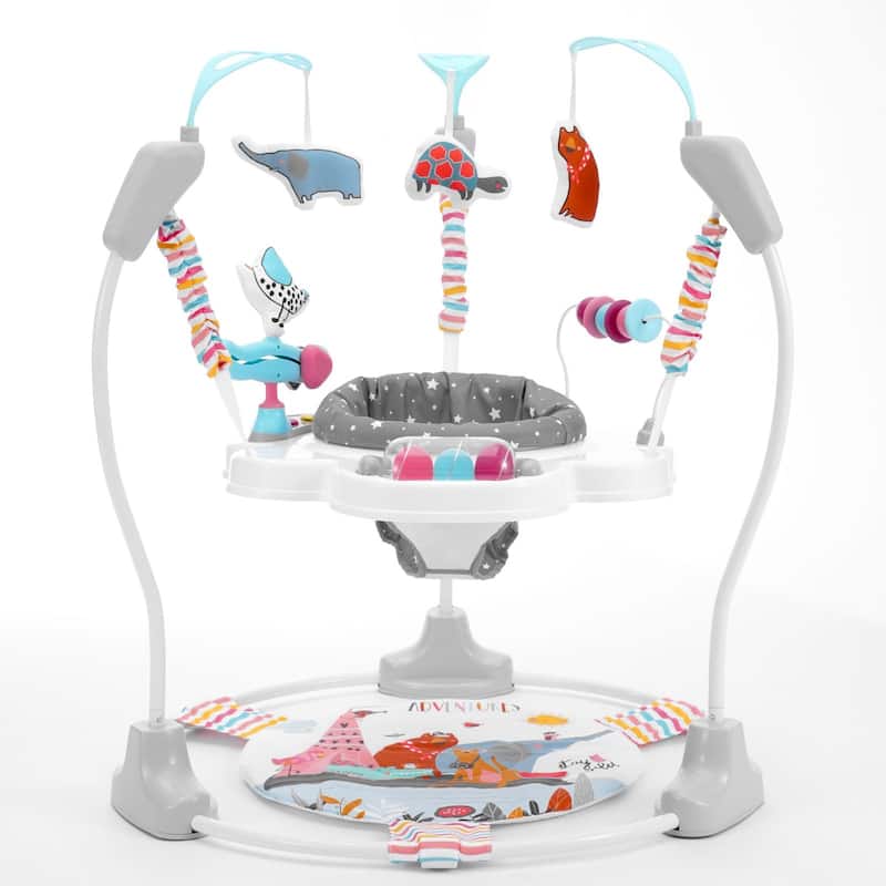 Multi-Color Bouncer Jumper with Crinkle Pad, Music Box and Adjustable Height - 34.3” L x 34.3” W x 36.6” H