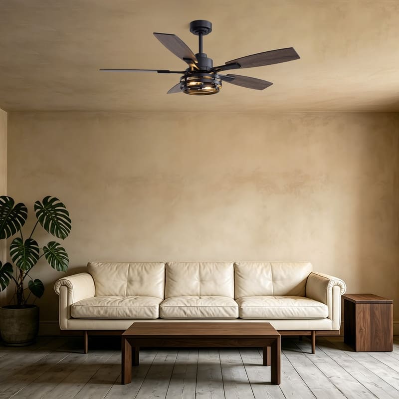 52Inch Farmhouse Black Caged Ceiling Fans With Light Modern Rustic Wood Grain Fandeliers For living room dining room - 52in.