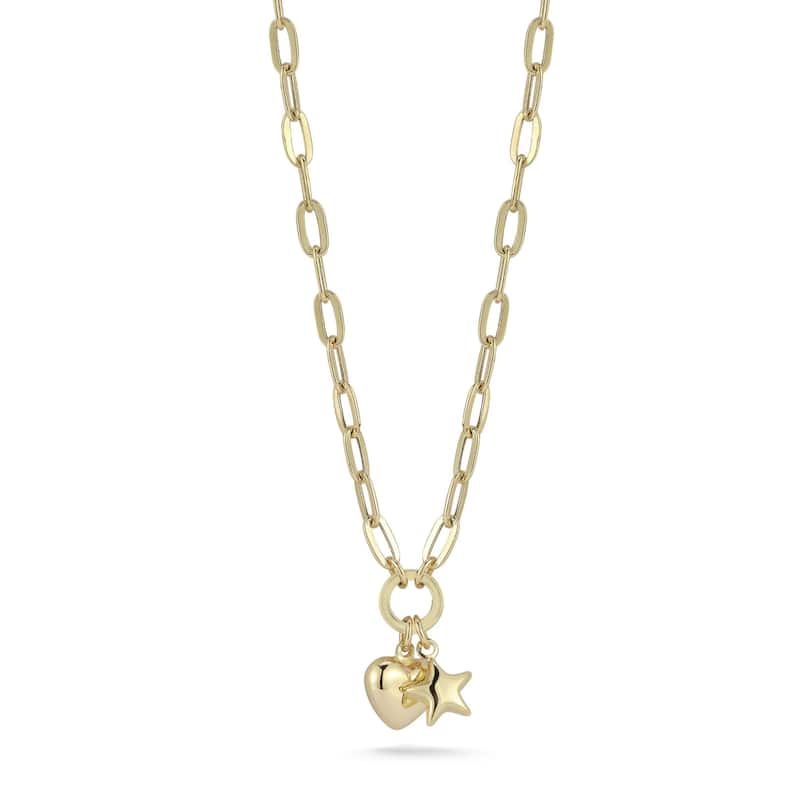 Soleil 14K Gold Puffed Heart Star Charm Necklace with Paperclip Chain