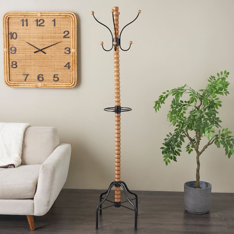 Brown Wood Spindle 8 Hook Coat Rack with Black Metal Accents and Beaded Ends - Brown
