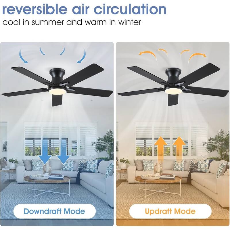 52 Inches Flush Mount Modern Quiet Ceiling Fan with Light and Remote APP Control 5 Dual Side Blades for Living Room Bedroom