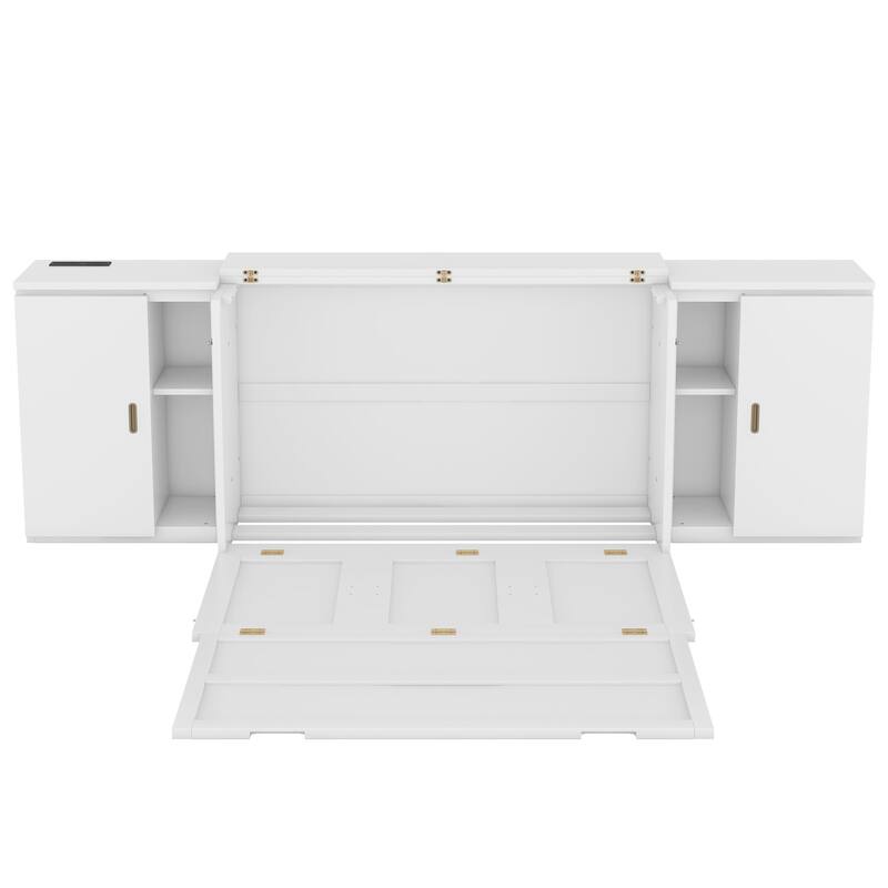 Full Size Murphy Bed Cabinet w/ Storage Shelves, USB Ports, Foldable