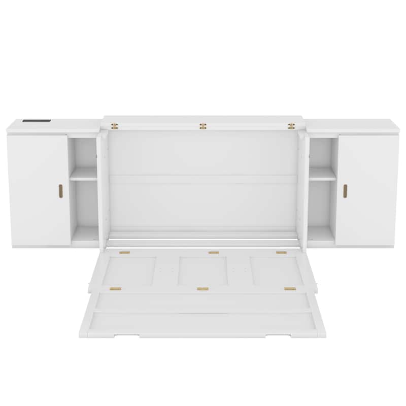 Full Size Murphy Bed Cabinet with Storage Shelves and USB Ports, Wooden Floor Bedframe, Foldable/Space Saving Design