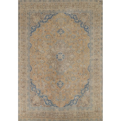 Distressed Floral Mashad Persian Vintage Area Rug Handmade Wool Carpet - 9'1"x 11'9"