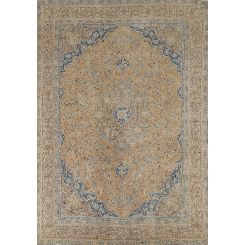 Distressed Floral Mashad Persian Vintage Area Rug Handmade Wool Carpet - 9'1"x 11'9"