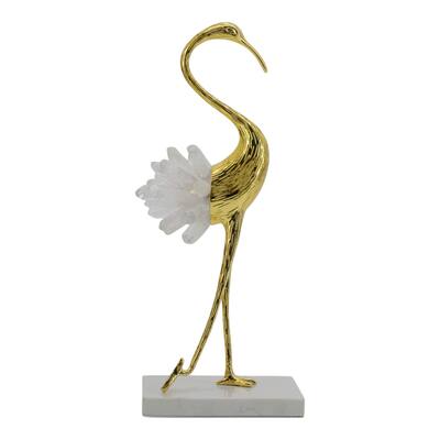 Metal Modern Crane Sculpture with Crystal Accents and Marble Base