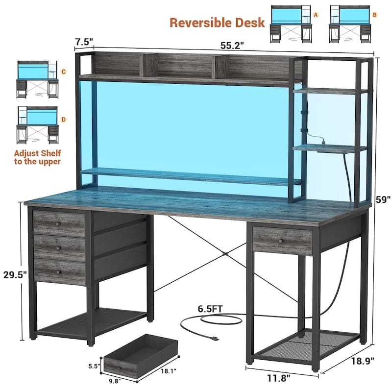 Gaming Desk with Hutch and Drawers, Office Computer Desk with Charge Station and LED Light