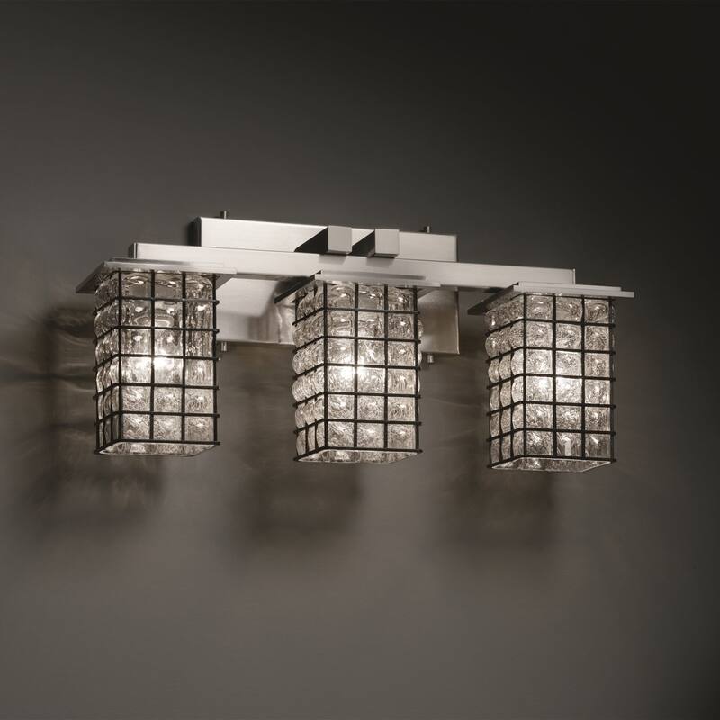 Justice Design Wire Glass Montana 3-light Brushed Nickel Bath Bar, Grid with Clear Bubbles Square - Flat Rim Shade