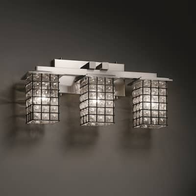 Justice Design Wire Glass Montana 3-light Brushed Nickel Bath Bar, Grid with Clear Bubbles Square - Flat Rim Shade