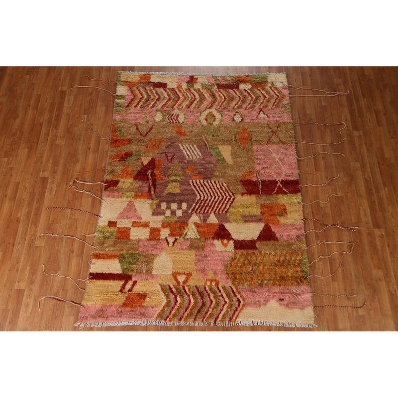 Hand Knotted Oriental 100% Wool Carpet Modern Geometric Multi-Colored Moroccan Area Rug - 8' 0'' X 5' 9''