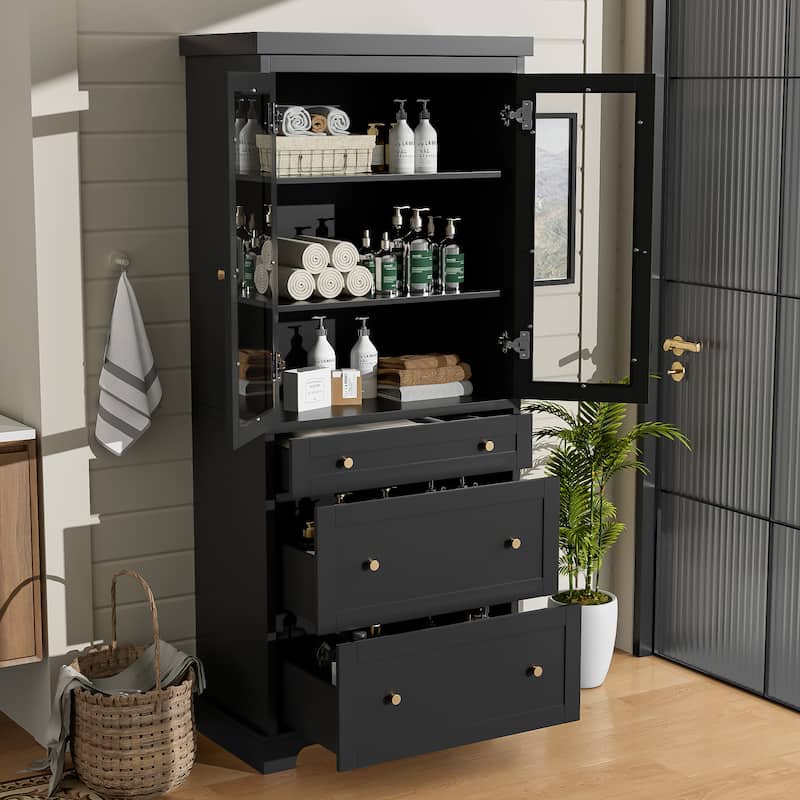 70.1-Inch Modern Freestanding Tall Storage Cabinet with 2 Adjustable Shelves & 3 Soft-Close Drawers – Glass Door Design.