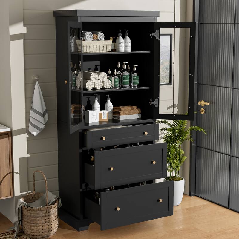 Modern Bathroom Storage Cabinet with Glass Doors and Drawers, Tall Freestanding Floor Cabinet with Adjustable Shelves