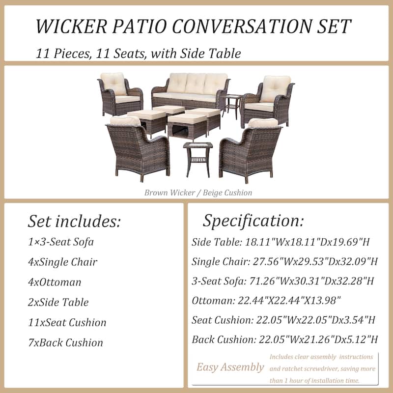 Outdoor Brown Wicker Patio Furniture Seating Sets with Beige Cushions