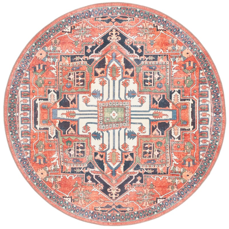 SAFAVIEH Serapi Liller Traditional Machine Washable Cotton Rug - 6'7" Round - Rust/Navy