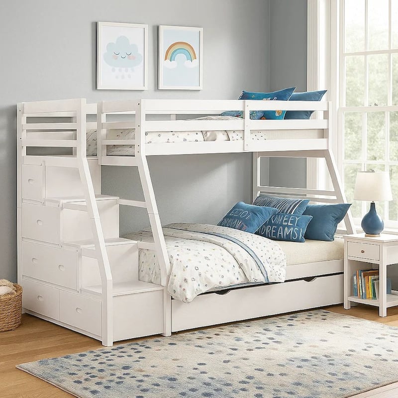 Ellon Twin over Full Bunk Bed, Trundle, White Wood, Storage Drawers