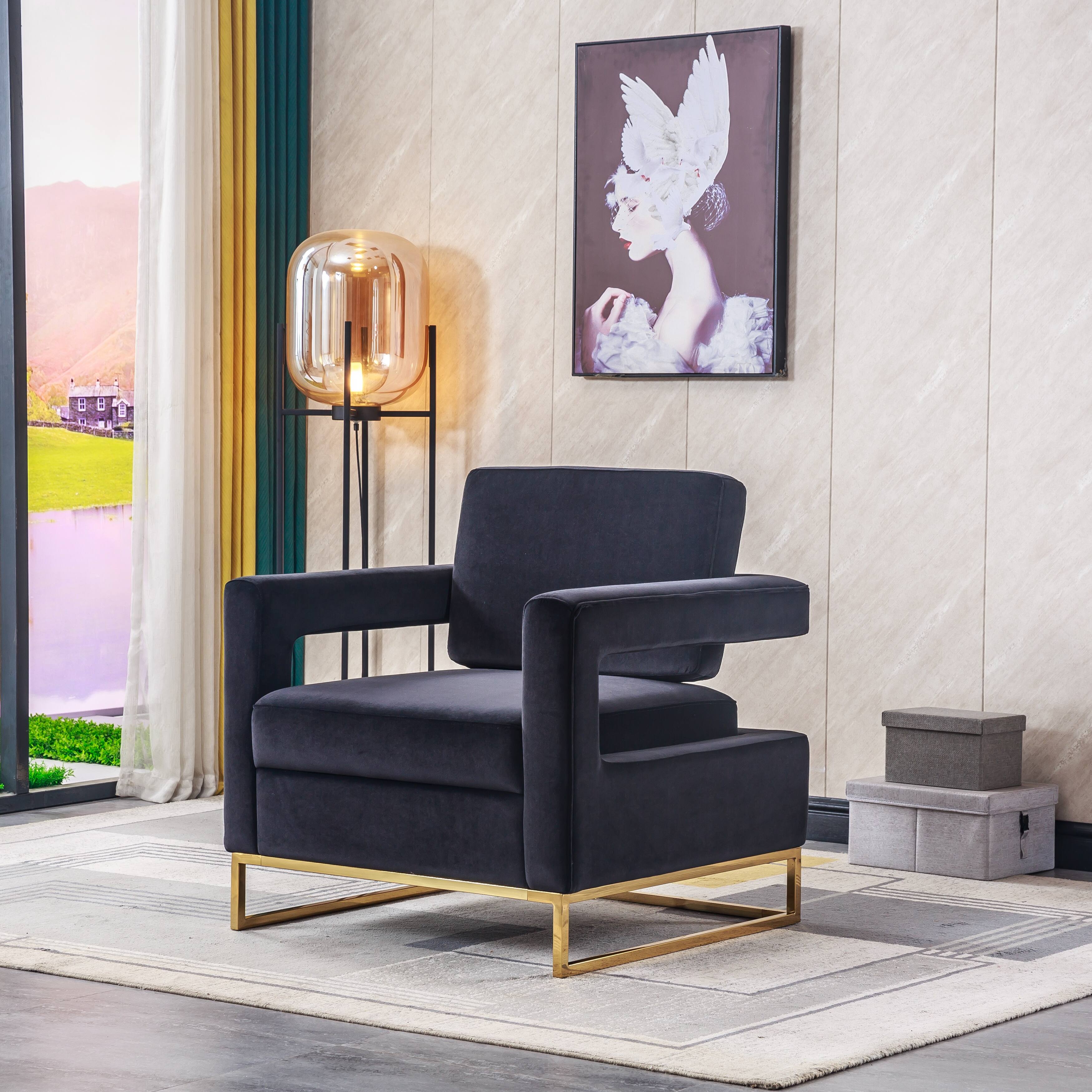 Modern Velvet Accent Chair Elegant Armchair with Golden Finish