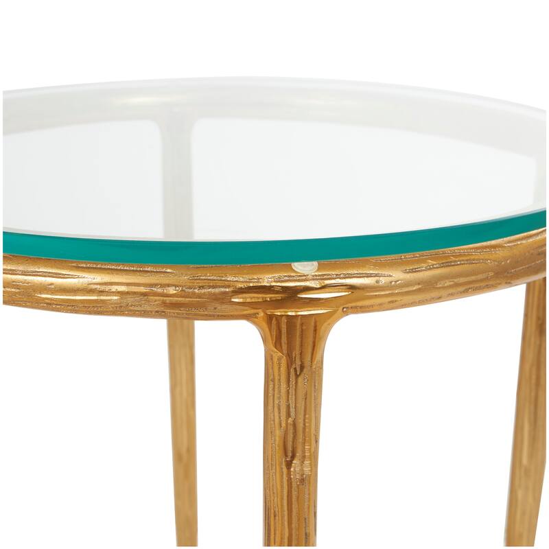 Gold or Silver Aluminum Metal Textured Accent Table with Glass Tabletop