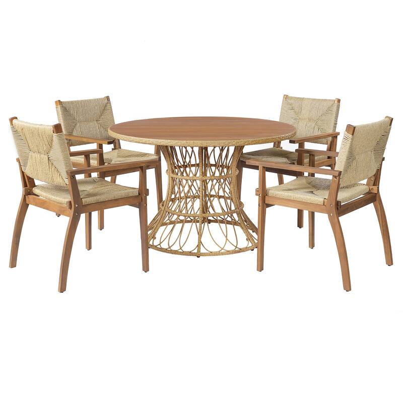 Christopher Knight Home - Estra 5-Piece Outdoor Dining Set with 4 Handwoven Wicker Chairs and Round Acacia Wood Table