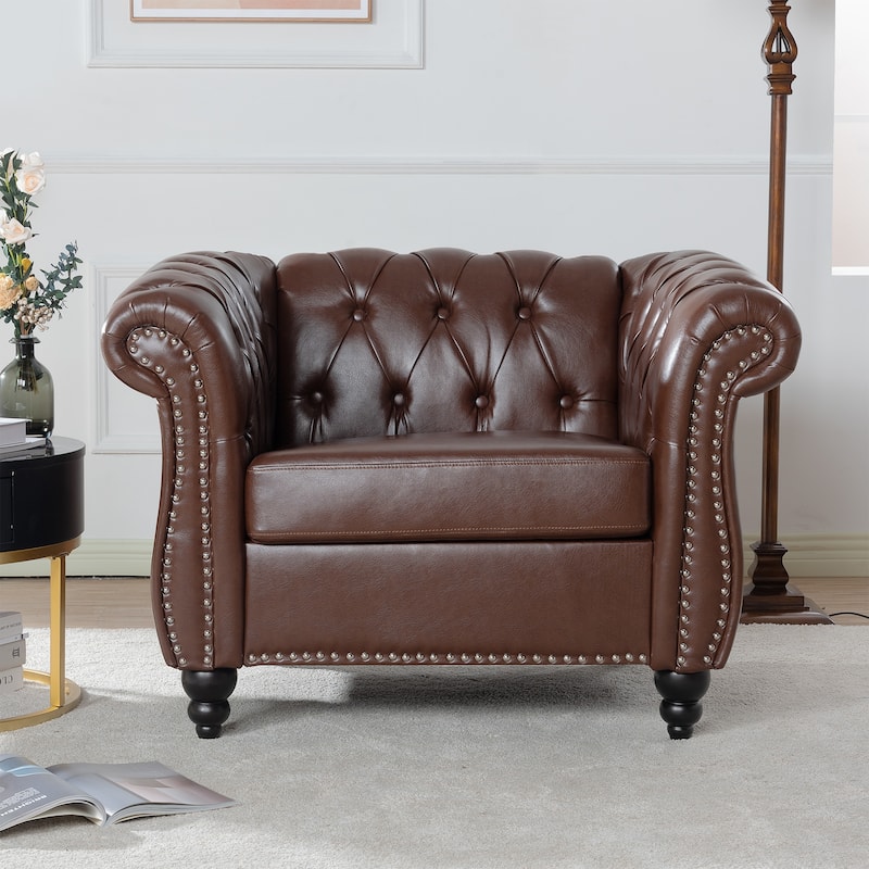 Traditional Rolled Arm Chesterfield 1 Seater Sofa,Living Room PU Leather Seat Cushions & Nailheads Finish Sofa with Wood Legs