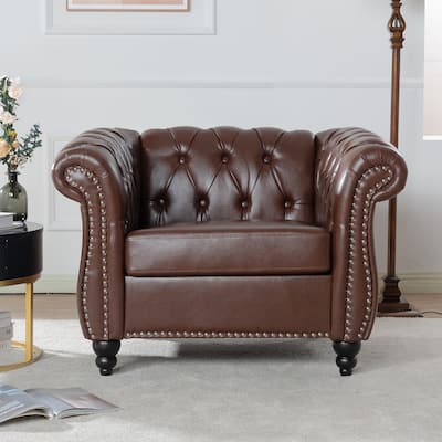 Traditional Rolled Arm Chesterfield 1 Seater Sofa,Living Room PU Leather Seat Cushions & Nailheads Finish Sofa with Wood Legs
