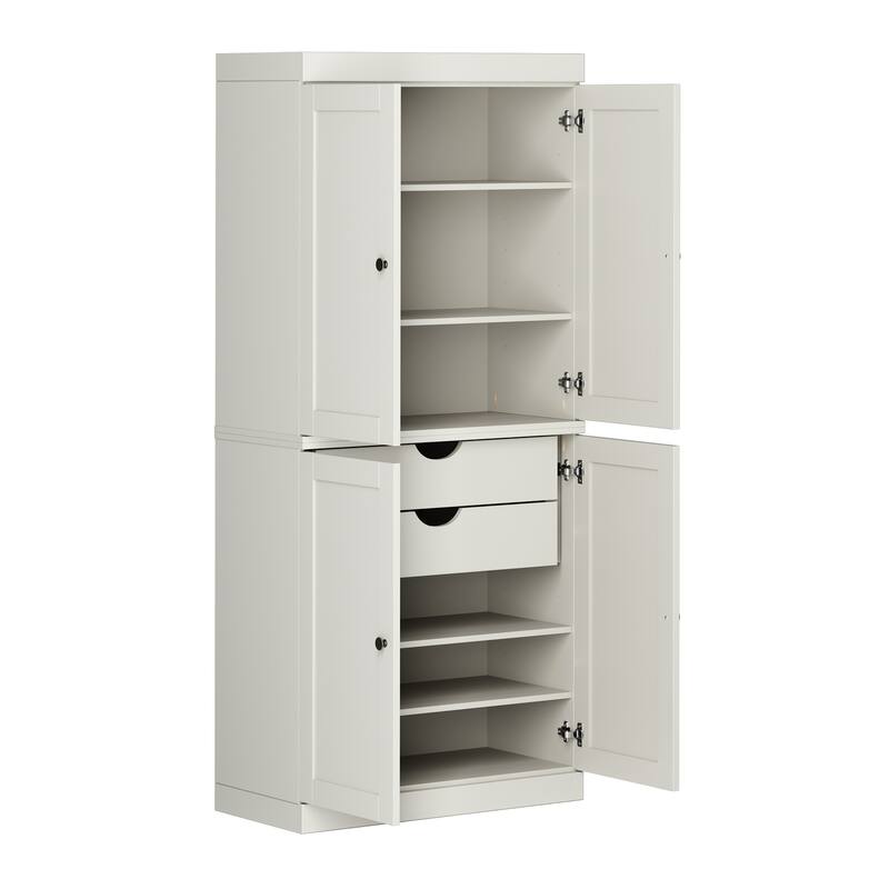 Solid Wood Tall Freestanding Kitchen Pantry Cabinet with Doors & 2 Drawers, Adjustable Shelves, Modular Storage, 32" W x 71.5" H