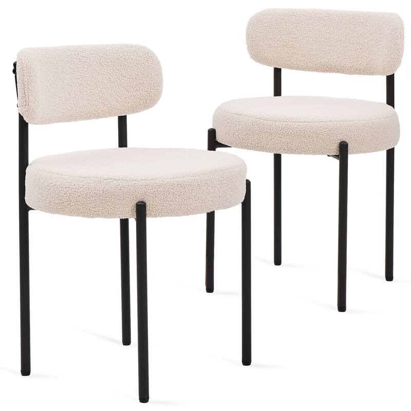 Set of 2 Modern Dining Chairs, Boucle Upholstery with Curved Backrest & Metal Legs, Kitchen & Living Room Seating - White