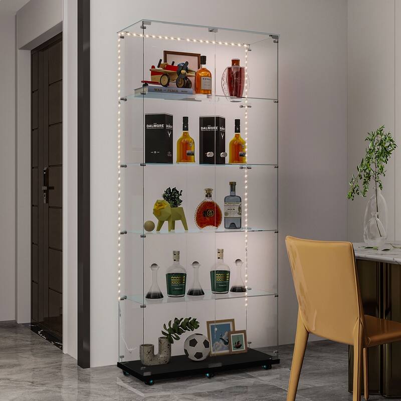 Tempered Glass Display Cabinet,Wine Cabinet,Storage Cabinet with Bluetooth LED Light Strips, Lock on Door, Tempered Glass Top