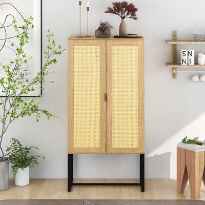 Wicker Storage Cabinet, 2-Door High Cabinet, Sideboard, Rattan, Wooden MDF Board, Dining Room, Natural Color