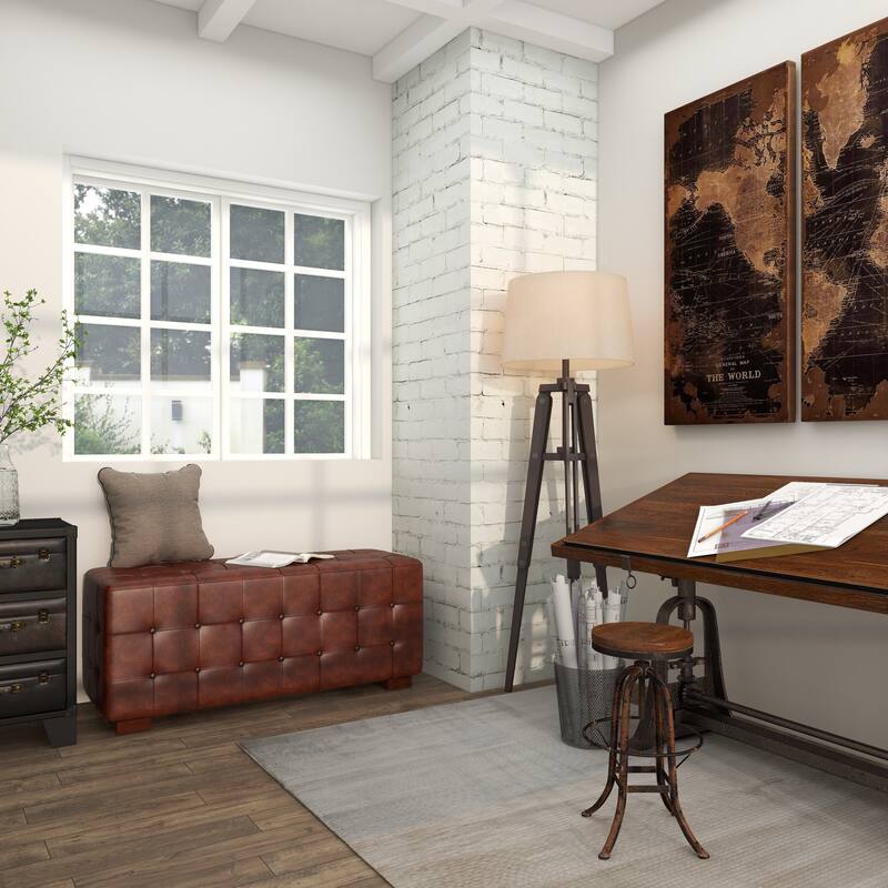 Brown Leather Tufted Upholstered Home Bench with Block Feet