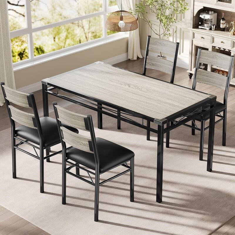 Dining Table Set, Wood Kitchen Table with Upholstered Chairs - Grey - 4 Set