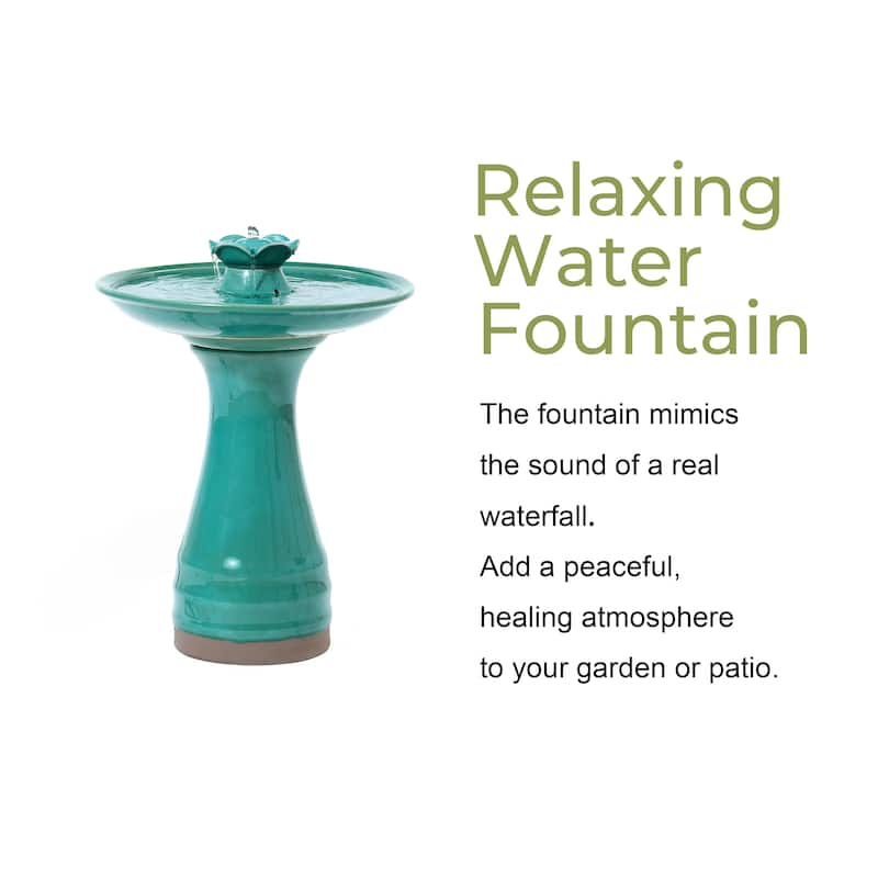 Aqua Glazed Ceramic 22-In Tall Birdbath Fountain