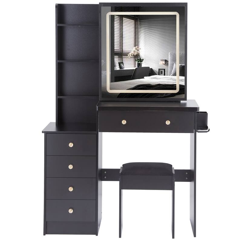 37" Middle Size Left Bedside Cabinet Vanity Table + Cushioned Stool Dresser Set, Large Touch Control LED Sliding Mirror