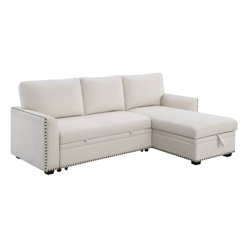 Morden Fort Reversible L-Shaped Sofa Bed with Storage - Velvet Upholstery, Button Tufting, and Nailhead Trim