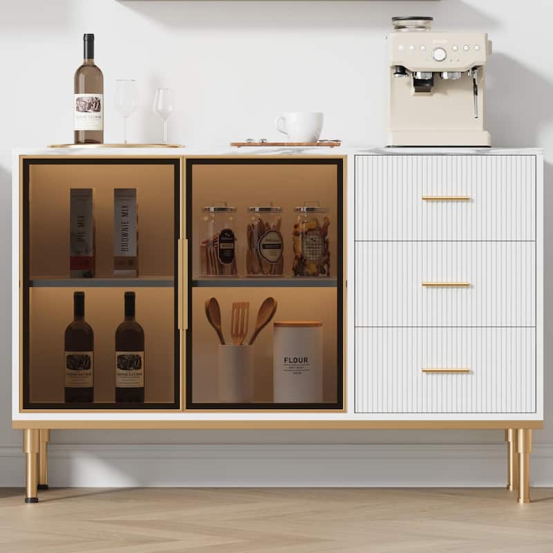 Fluted Sideboards Buffets Cabinet with Glass Doors, 3 Drawers, Marble Top Kitchen Sideboard Cabinet